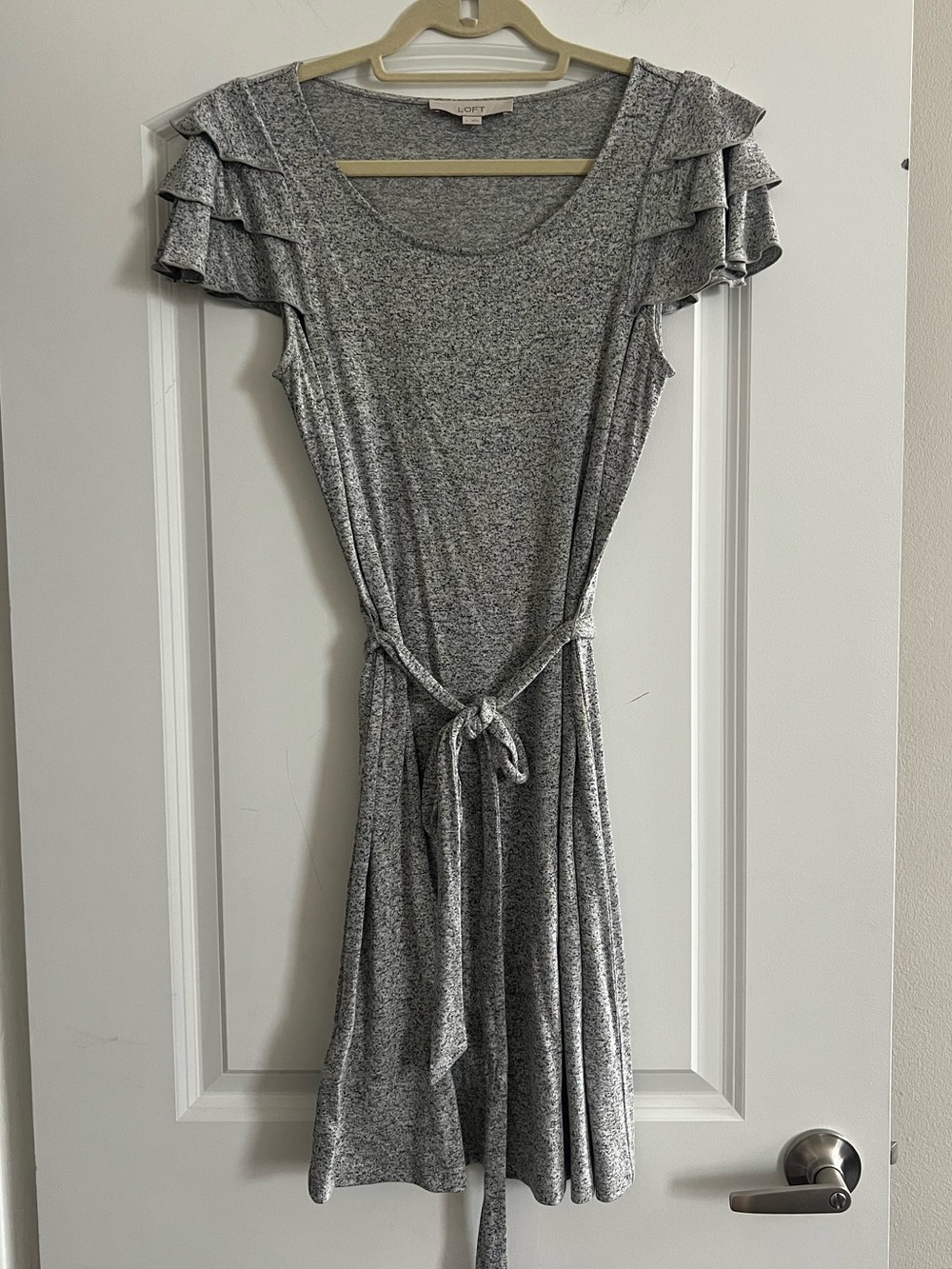 LOFT Heather Gray Ruffle-Sleeve Tie-Waist Mini Dress